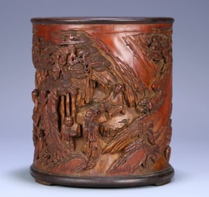 An Old Bamboo Carving "Seven Sages Of The Bamboo Forest" Pen Holder High Relief Craftsmanship Is