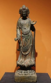 Tang Dynasty bluestone painted Guanyin standing statue