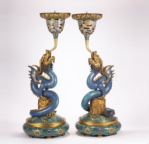 One piece cloisonné candlestick, a pair