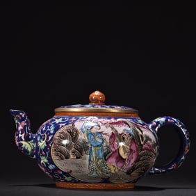 A purple enamel colored character story teapot