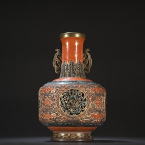 Qianlong Ancient Copper Glazed Bottle with Golden Phoenix Flower Pattern