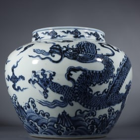 An Old Tibetan Xuande Blue And White Dragon Pattern Jar