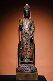Northern Qi bluestone painted Guanyin station statue