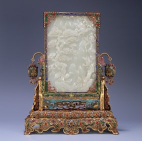 A piece of Qing Dynasty Hetian white jade copper gilt filigree! "Pine Crane Longevity" interstitial.