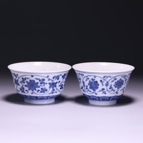A Pair Of Blue And White Entwined Lotus Cups