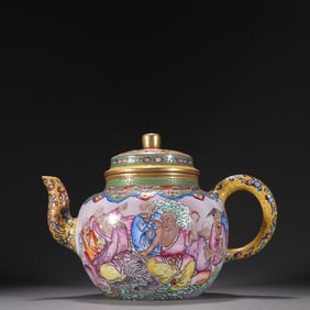 A teapot with 18 Arhat patterns made of clear purple clay enamel