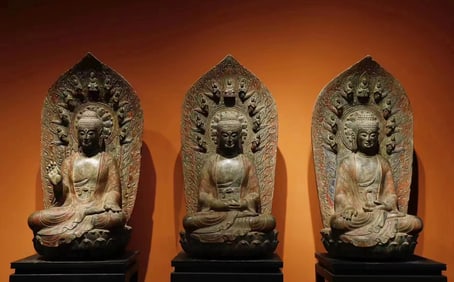 Tang Dynasty bluestone painted three Buddha sets