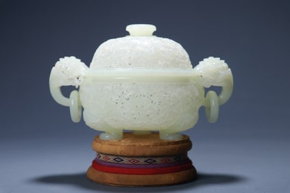 A Hetian white jade hollowed out carving with intertwined branches and double ear covered stove