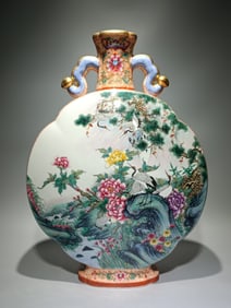 A piece of Qing Qianlong enamel color lotus zhi birthday open window six cranes with spring five