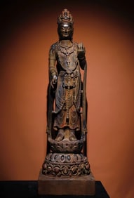 Northern Qi bluestone painted Guanyin station statue