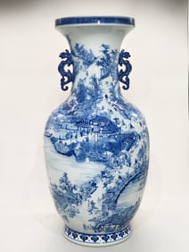 A blue and white river painting double ear vase during Qingming Festival