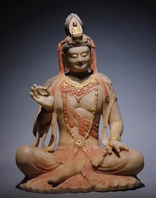 Tang Dynasty white marble gilded painted Guanyin statue
