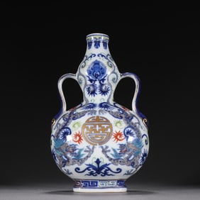 Blue And White Pink Double Dragon Holding Longevity Ribbon With Gourd Bottle