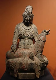 Tang Dynasty bluestone painted Buddha statue of Guanyin