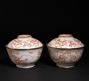 A Pair  Of Enamel Colored Unicorn Cover Bowls For Study Ornaments