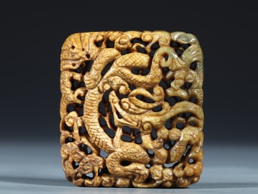A piece of Hetian jade, fire jade, auspicious cloud dragon pattern tile