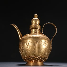 A copper gilded golden lotus patterned figure painting wine pot
