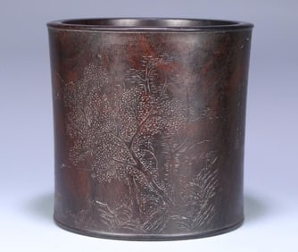 An Old Rosewood Figure Landscape Pen Holder