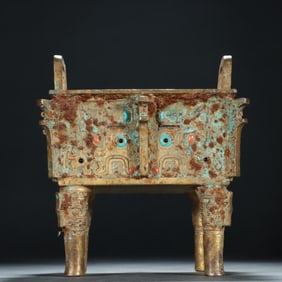 A copper gilded gold inlaid gemstone gluttonous pattern square cauldron