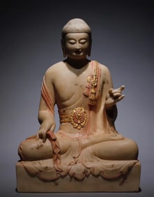 Northern Qi Dynasty white marble gilt painted Buddha statue