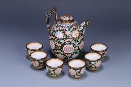 Copper Body Painting Enamel Entwined Flower Teapot Tea Cup Set