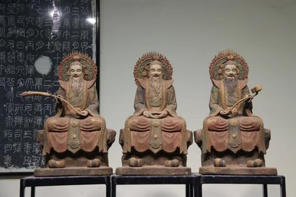 Nanmu carving three Qing patriarch statue set