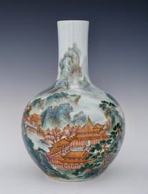 A Qing Qianlong enamel painted mountain, water, pavilion, figure, poetry, celestial sphere vase