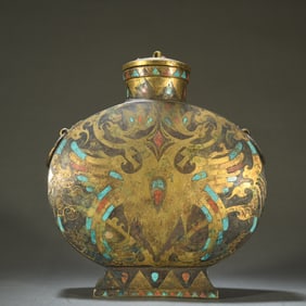 A piece of copper wrong gold phoenix pattern flat bottle