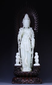 A piece of Hetian jade boy worship Guanyin ornaments