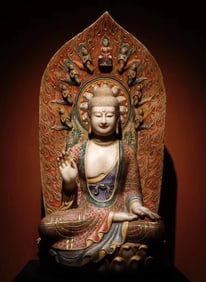 A Tang Dynasty white marble painted Buddha statue