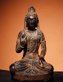 A Tang Dynasty bluestone painted statue of Guanyin
