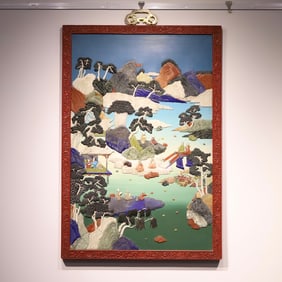 A large lacquer red landscape figure treasure embedded hanging screen