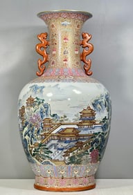 A piece of Qianlong in the Qing Dynasty, enamel color, ancient Yuexuan, landscape, pavilion, figure,