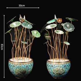 A pair of cloisonné lotus pond moonlight lotus pot bonsai