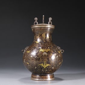 A Han bronze tire wrong gold and silver double dragon pattern pot