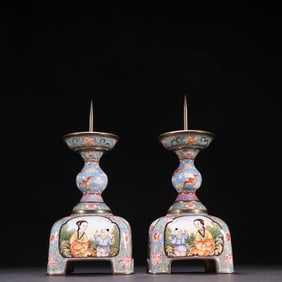 A pair of Qing bronze fetal painting enamel candlesticks