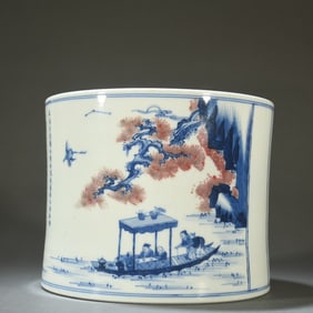 A piece of Qing Kangxi blue and white glaze red character poetry picture pen holder