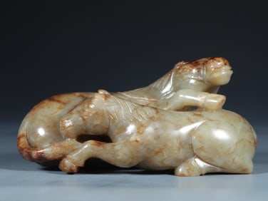 A Hetian jade seed material double horse ornament