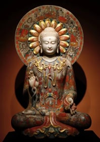 A Northern Qi white marble painted Buddha statue