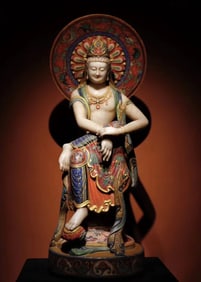 A Tang Dynasty white marble painted statue of Guanyin