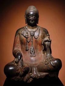 A Northern Qi bluestone painted Buddha statue