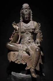 A Tang Dynasty bluestone painted statue of Guanyin