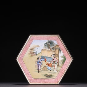 A piece of Qing bronze fetal painting, enamel character story, hexagonal lid box