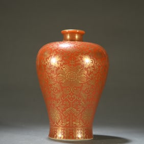 A piece of Qianlong red glaze depicting gold auspicious Ruyi plum vase