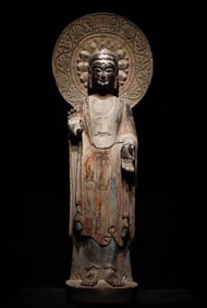 A piece of Northern Qi bluestone painted standing Buddha