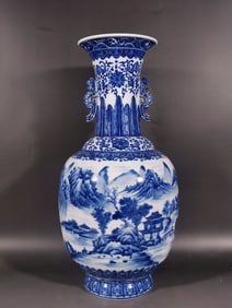 A Precious and Rare Blue and White 'Landscape' Double Ears Vase