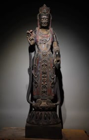A Northern Qi bluestone painted statue of Guanyin