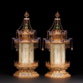 A pair of silver-gilt and white jade palace lamps