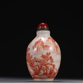 A piece of Republic of China porcelain fetal sail red landscape figure snuff bottle