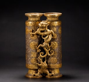 A gilt silver dragon and phoenix pattern twin incense stick